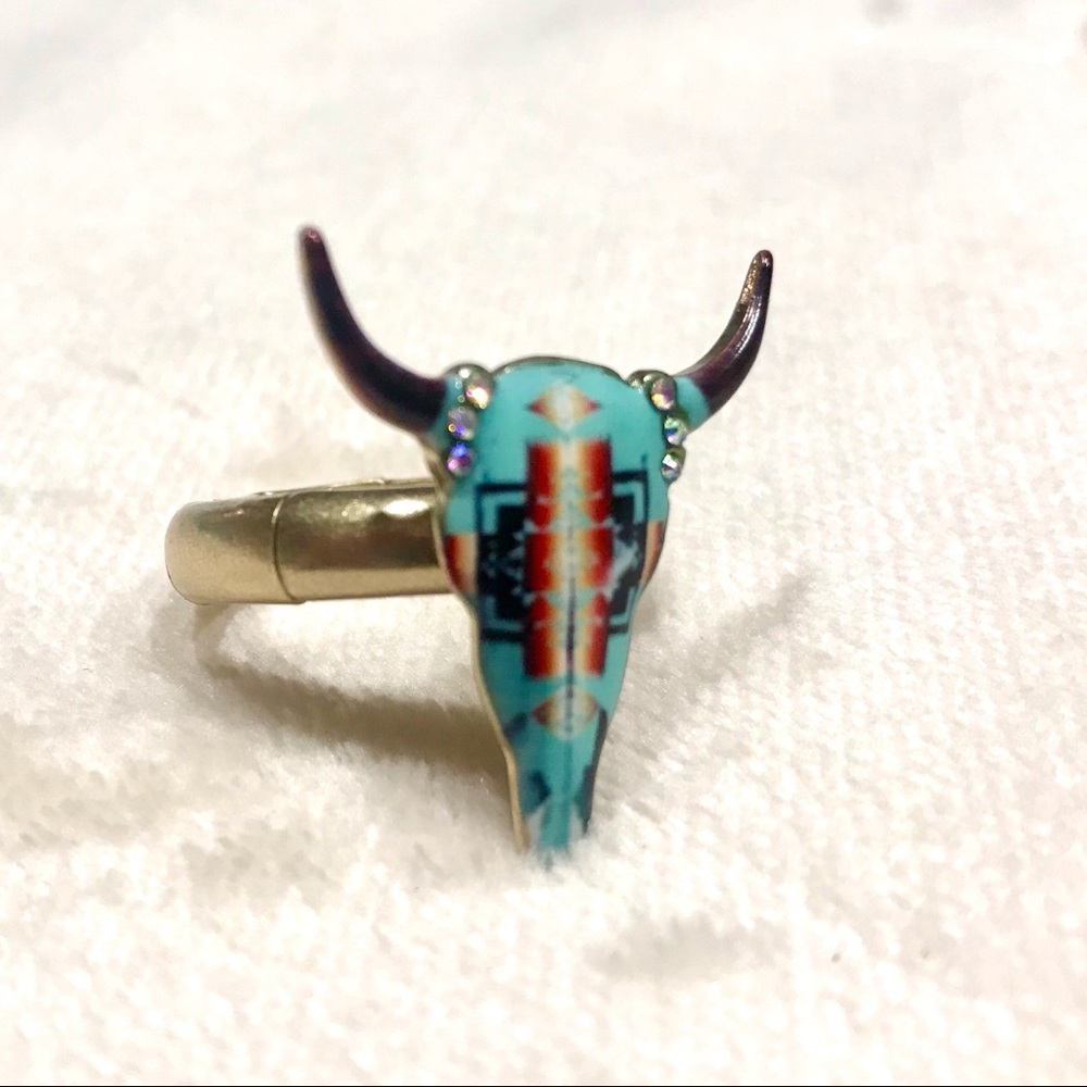 Aztec Print Turquoise Blue Crystal Bull Ring - Picture 2 of 5